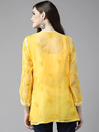 Image of Ada Women's Georgette Regular Fit Chikankari Hand Embroidered Lucknowi Short Top Kurti with Slip A211683