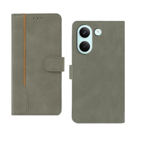 Image of amazon basics Poco X8 Pro 5G Flip Cover | Card Pockets Wallet & Stand | Flip Cover for Poco X8 Pro 5G (Gray with Beige Strip)