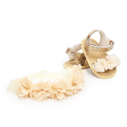 Generic Baby Girls' Sandals with Headband Newborn Girls' Summer Flower Sandals First Dress Shoes for Toddler Lightweight Shoes 6