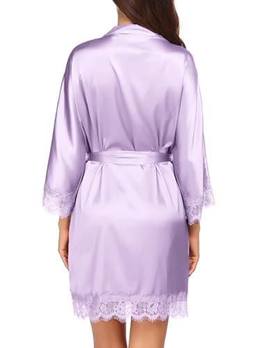Image of Ekouaer Womens Silk Robes Short Lace Trim Satin Bride Bathrobe with Pockets