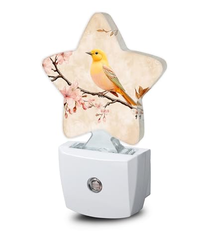 Image of Bird Vintage Nightlight,Pink Cherry Blossoms Star Night Lights Plug into Wall Decorations for Bedroom Bathroom,Dusk to Dawn Sensor Kitchen Hallway Stairs Energy Efficient Desk Lamp