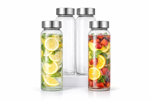 Image of Raawan Glass Water Bottles, Glass Fridge Water Bottle with Steel Cap, Wide mouth Leak proof & detox water bottle glass, water bottle for fridge, fridge bottle -750 ML (4 Bottle)