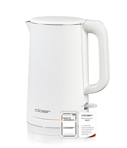 Cloer 4321 Bouilloire électrique 1,5 L, 1500 W, cuve et couvercle inox, arrêt automatique, protection anti-surchauffe, ouverture à une main, indicateur de...