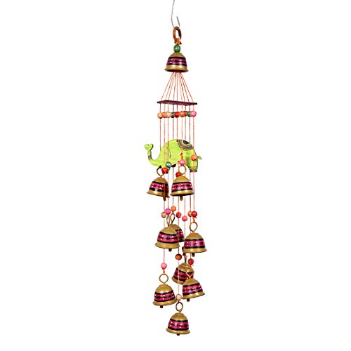 Image of Aakriti Art Creations Elephant Wind Chime with 9 Metal Bells B | Handmade Modern Art Wooden & Metal Wind Chime | Outdoor & Indoor Decorative Wind Chimes for Balcony, Garden, Living Room & Gifting