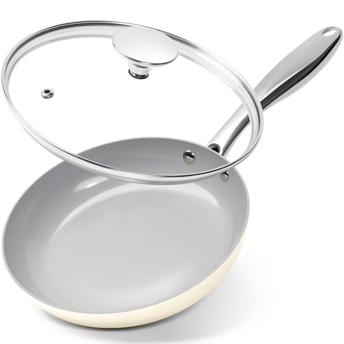 MICHELANGELO 20cm Ceramic Frying Pan, Non Stick Fry Pan with Lid, Small Skillet Nonstick, Non Toxic Frying Pan, Ceramic-Coated, Beige