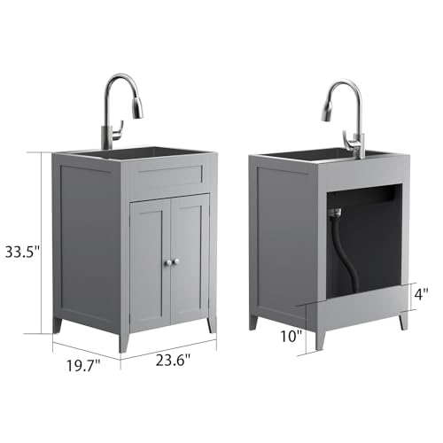 Image of VINGLI 24-Inch Laundry Sink with Cabinet and Pull-Out Sprayer Faucet, Stainless Steel Utility Sink with Cabinet, Grey Cabinet with Sink for Laundry & Utility Room, Kitchen, Bathroom, Basement