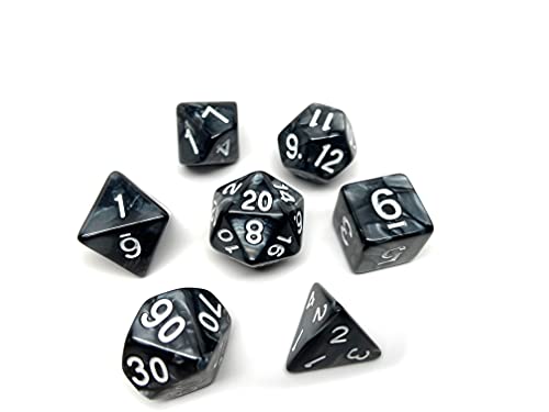 Marble Swirl Polyhedral Dice Set - 7 Piece Dice Set with One D20, D12, D10, D8, D6, D4, and D00 (Black Marble with White Font)