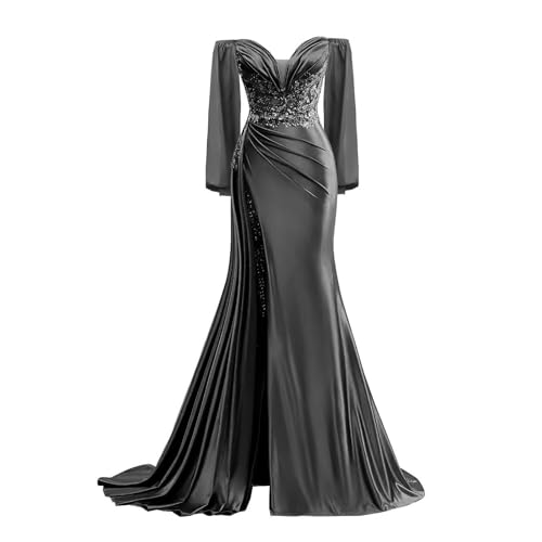 V Neck Prom Dresses with Sleeves Satin Mermaid Formal Evening Gown Long Bodycon Wedding Party Dress4