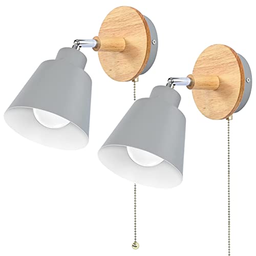 YMHPRIDE Lámparas de Pared de Madera con interruptor de Cable de Tracción, 2 Packes, Nórdico Apliques de Pared Ajustables de 360 °, Bombilla E27 Para Dormitorio, Cuarto de Los Niños, Sala de Estar