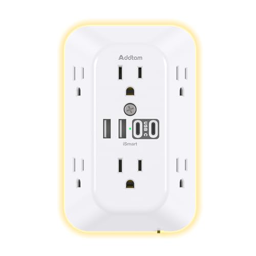 Addtam Surge Protector Outlet Extender 6 Outlet Splitter with Night Light and 4 USB Wall Charger(2 USB-C Ports) Multi Plug Wall Outlet Power Strip for Home Office Dorm Room Essentials