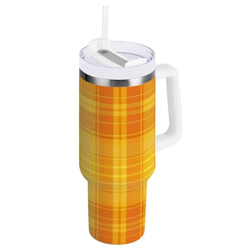 WDdZzyy Vaso térmico al vacío a cuadros amarillo y naranja con tapa y pajita para niños, reutilizable, gran taza de café para escuela, deportes, guardería, camping y más