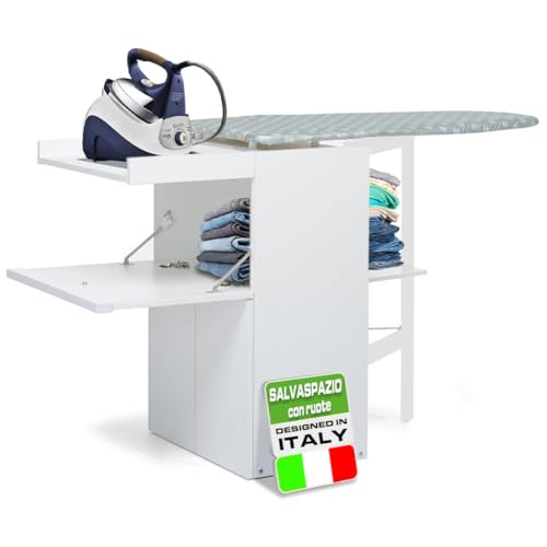 Shally Dogan Mobile Asse da Stiro a Scomparsa Salvaspazio Richiudibile, Mobiletto Pieghevole Telaio in Legno per Stiratura Veloce, 4 Ruote per Spostamento, Ideale Lavanderia, Bagno (Bianco)