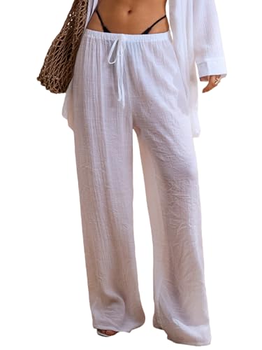 Luckydora Women's See Through Beach Lounge Pants Lightweight Wide Leg High Waisted Drawstring Summer Casual Linen Breathable Cover Up White Medium