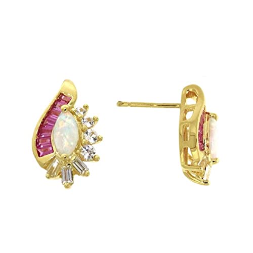 Elegant Touch Marquise Cut Opal Earrings Princess Cut Ruby & Round Cut Diamond Stud Earrings For Womens 14K Yellow Gold Plated #TOP24