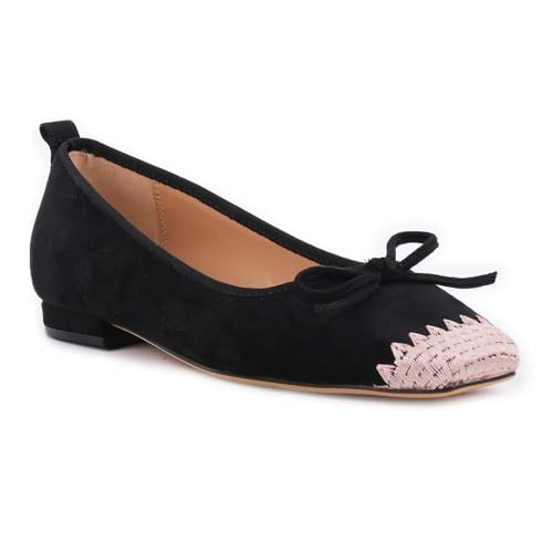 VERISSON Women's Square Toe Ballet Flats Cute Bowknot Velvet Ballerina Shoes Two-Toned Cap Toe Dressy Slip on Flat