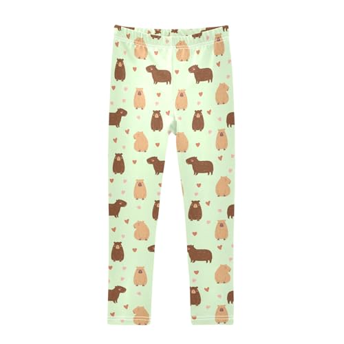 Cute Capybara Drawing Green Girls Leggings Soft Comfortable Athletic Leggings Dancing Pants for 4-10 Years