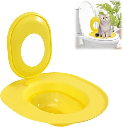Cat Toilet Seat Training Kit, Reusable Plastic Litter Box Alternative with Washable Pad, Portable Pet Potty Trainer for Home Shop Use (Yellow)