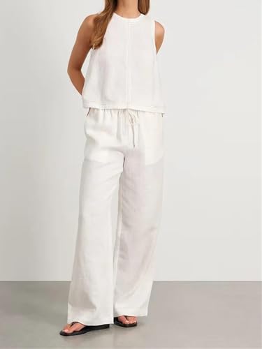 Women's Cotton Linen Vest Pants Set Wide Leg Long Pants Sleeveless Top Casual Suit2