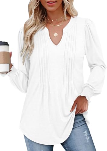 BETTE BOUTIK Long Sleeve Shirts for Women Fall Tops Dressy Blouses Pleated V Neck Tunic Tops for Leggings S-3XL