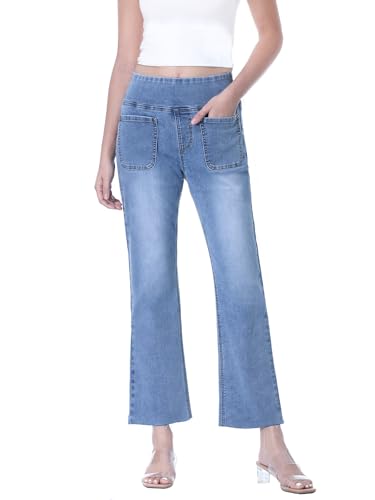 Cropped Pull on Jeans for Women, Trendy Stretchy High Waisted Flared Jeans Skinny Bell Bottom Boot Cut Jeans