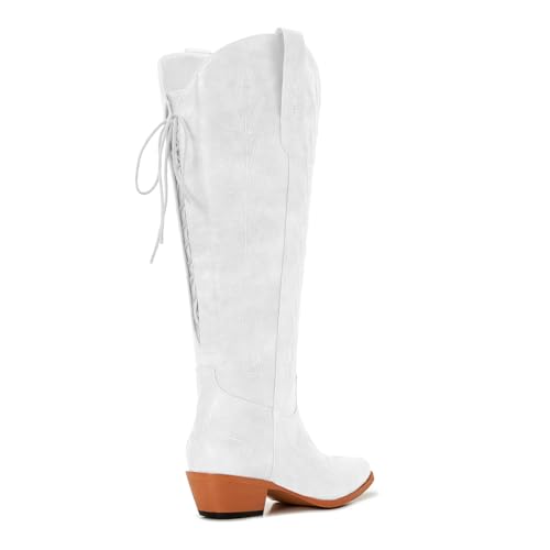 Image of Uillnoodu Wide Calf Cowboy Boots Women Knee High Tall Western Cowgirl Boots Adjustable Lace Up Plus Size Comfortable 2-Inch Heel