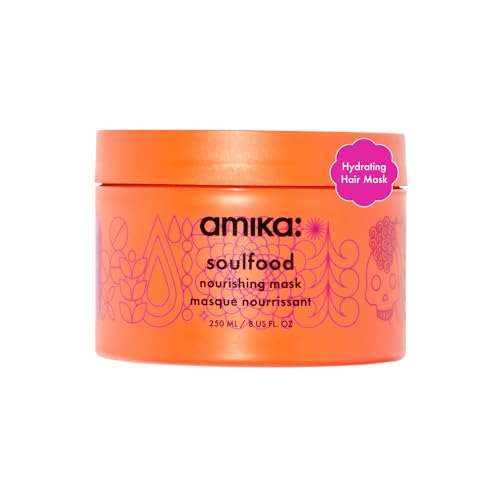 Image of amika soulfood nourishing hair mask - hydrating hair care for dry, damaged strands - lightweight deep conditioner enriched with jojoba seed oil + seabuckthorn - restores softness + shine (250 ml)