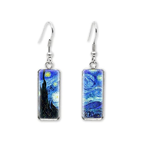 Starry Night Earrings-Painting Rectangle Creative Handcraft Gift Earrings Art Earring Drop Dangle Earrings For Women Girls Abstract Art Glass Earrings Birthday Valentine's Day Gift (Starry Night) #TOP5
