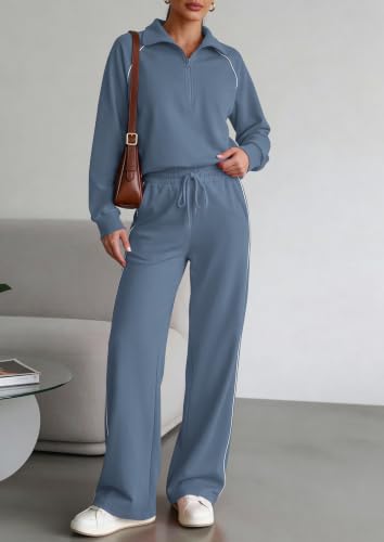 PRETTYGARDEN Women's 2 Piece Outfits Casual Lapel Half Zip Sweatshirts and Wide Leg Pants Tracksuit Sets (Style2-Dusty Blue,Small) — view 2