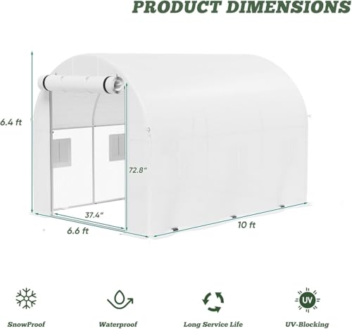 Flamaker 10×6.6×6.4 FT Walk-in Greenhouse, Portable Heavy Duty Green House for Outdoors, Winter Hot House with PE Cover & Roll-up Zipper Door, Plastic Plant Warm House (White)