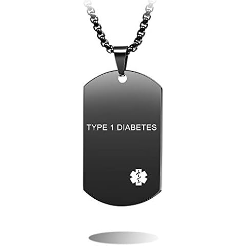 MOWOM Medical Dog Tag Pendant Necklace Custom Engraved Alert Stainless Steel - Bundle with 5 Items: Emergency Card, Sleeve, 2 Chains, Silencer (Black Type 1 Diabetes) Cover