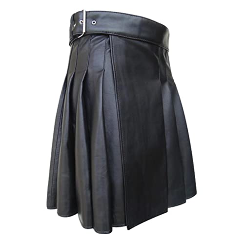 HAOSEM Pleated Skirt Fashion Cool Pocket Kilts Black Gothic Kilt Vintage Warrior Cargo Kilt Metal Belt Pleated Skirts