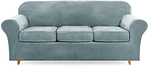 Lamberia High Stretch Sofa Cover For 2 Cushion Couch Loveseat Cover 3 Pieces Thick &Washable Plush Velvet Sofa Slipcover Couch Cover Furniture Protector For Dogs,Pets&Kids (Stone Blue, Sofa-L) #TOP11