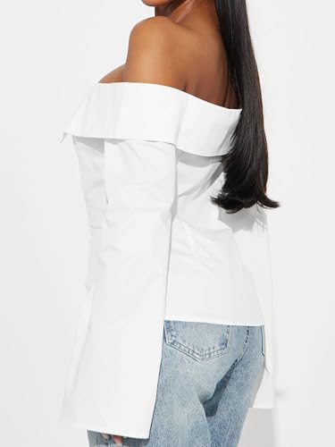 SUNNOW Women's Off Shoulder Shirt Elegant Foldover Detail Long Sleeve Blouse with Waist Pleats & Button Down Design (US, Alpha, Large, Regular, Regular, White) by SUNNOW - Used condition - Image 6