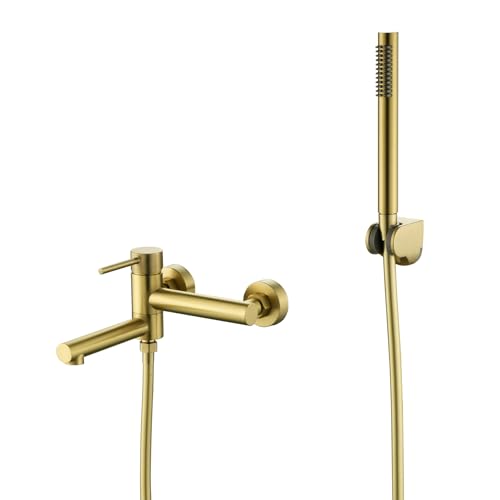 Image of Techzm Wall Mounted Bath Shower Mixer Tap for Exposed Installation 2-Function Bathtub Faucet with Swivel Tub Filler Spout Brushed Gold