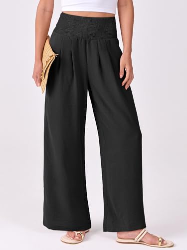 ANRABESS Women Palazzo Pants Summer Flowy Wide Leg High Waist Lounge Trousers with Pockets 2026 Casual Beach Vacation Outfits Black X-Large