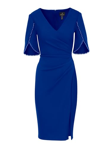 Image of Adrianna Papell Stretch Crepe Side Ruched Dress with Pearl Trim Sleeves