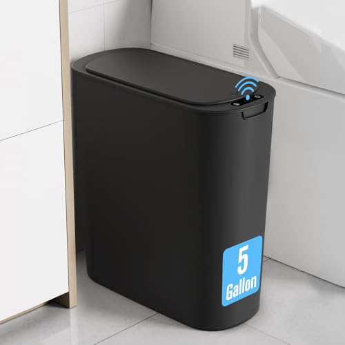 Cesun 5 Gallon Automatic Bathroom Trash Can, Touchless Motion Sensor Garbage Can with Lid, Smart Plastic Slim Wastebasket for Bathroom, Office, rv, Bedroom, Living Room, Black