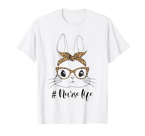 Easter Nurse Bunny Face With Sunglasses Leopard Easter Day T-Shirt