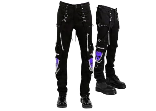 Unisex Slim Gothic Pant | Purple Super Skull Gothic Cyber Chain Goth Jeans Punk Rock Pants | Skull Gothic Pant