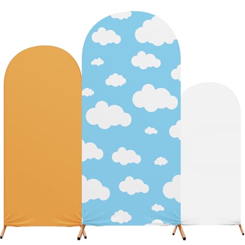 RimCereal Carton Arch Backdrop Cover Set of 3 Wedding Blue Sky and White Cloud Arch Covers Spandex Backdrop Stand 4ft, 5ft, 6ft for Wedding Birthday Banquet Boy Girl Ceremony Decoration (White) by RimCereal - Used condition - US$21.97