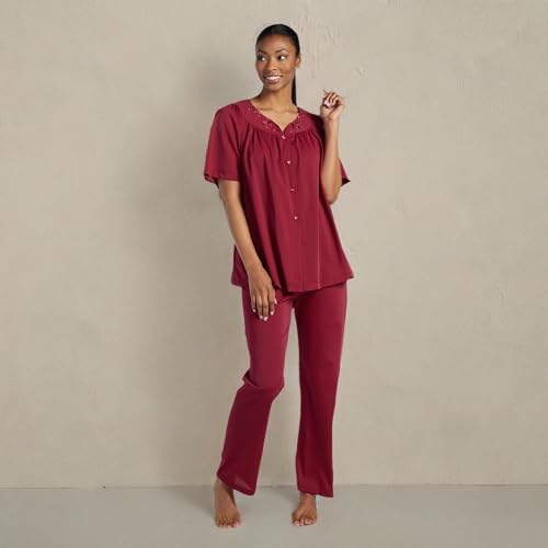 Miss Elaine PJ Set - Women's Nylon Tricot Pajama Set, Short Sleeves, Round Neckline with Embroidered Trim, Button Front Top3