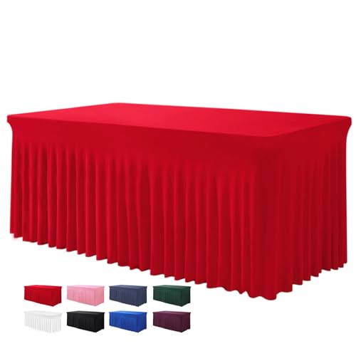 BDDC Table Skirt for 4 Foot Tables - One-Piece Red Tablecloths and Skirt, Wrinkle Resistant Ruffles Elastic Cover for Banquets, Weddings, Events, Parties