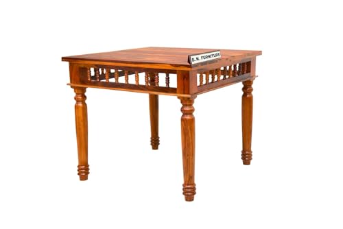 Image of BN Furniture Solid Sheesham Wood 4 Seater Dining Table Set | 34x34 Inch Square Table | Honey Finish Wooden Dining Set with Floral Cushioned Chairs for Home & Apartment