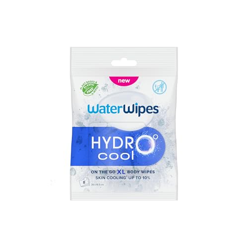 WaterWipes HydroCool Toallitas Refrescantes XL, Paños Corporales para Enfriamiento Instantáneo, Control de Olor y Sudor, Ideales para Gimnasio, Viajes y Aire Libre, 8 unidades (1 paquete)