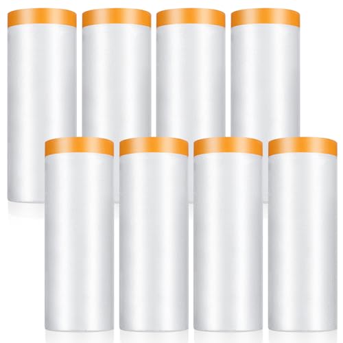 Pafeooui 8 Rolls Painters Plastic with Tape, 5ft X 65ft Pre-Taped Masking Film Automotive Tape and Drape Tear-Resistant, Easy Application for Car Painting & Home Renovation