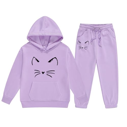 Generisch 2025 Niños Niñas Manga Larga Dibujos Animados Estampados Cálida Sudadera con Capucha Tops Pantalones Niños Trajes Chándal Mono Conjunto Recién Nacido, morado, 6-7 años