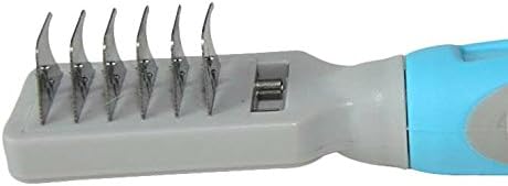 Pet Dematting Comb for Big Small Dogs Cats and Other Pets with Medium and Long Hair. Removes Most Tangles. 6-balde Stainless Steel Dematter Rake with Curved Edges for Safety. Ergonomic Rubber Grips
