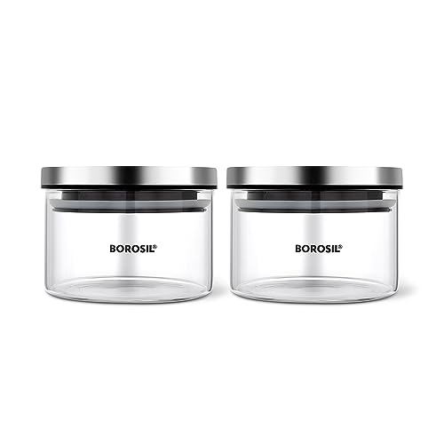 Borosil Classic Jar (300ml x 2) with Stainless Steel Lid | Borosilicate Glass Storage Organiser | Microwave & Dishwasher Safe Kitchen Containers for Spices, Snacks, Grains, Dals
