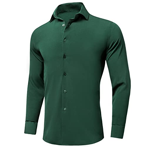 Hi-Tie Dark Green Men's Dress Shirts Stretch Solid Long Sleeve Button Down Muscle Fit Untucked Quality Shirt Wedding #TOP1