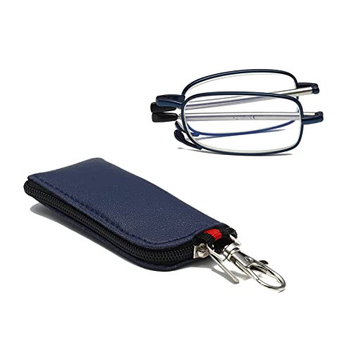 Hubeye Ultra Thin Folding Reading Glasses with Keychain Compact Bags for Men Women Blue Light Blocking Spring Hinge Portable Pocket Foldable Readers 1.50